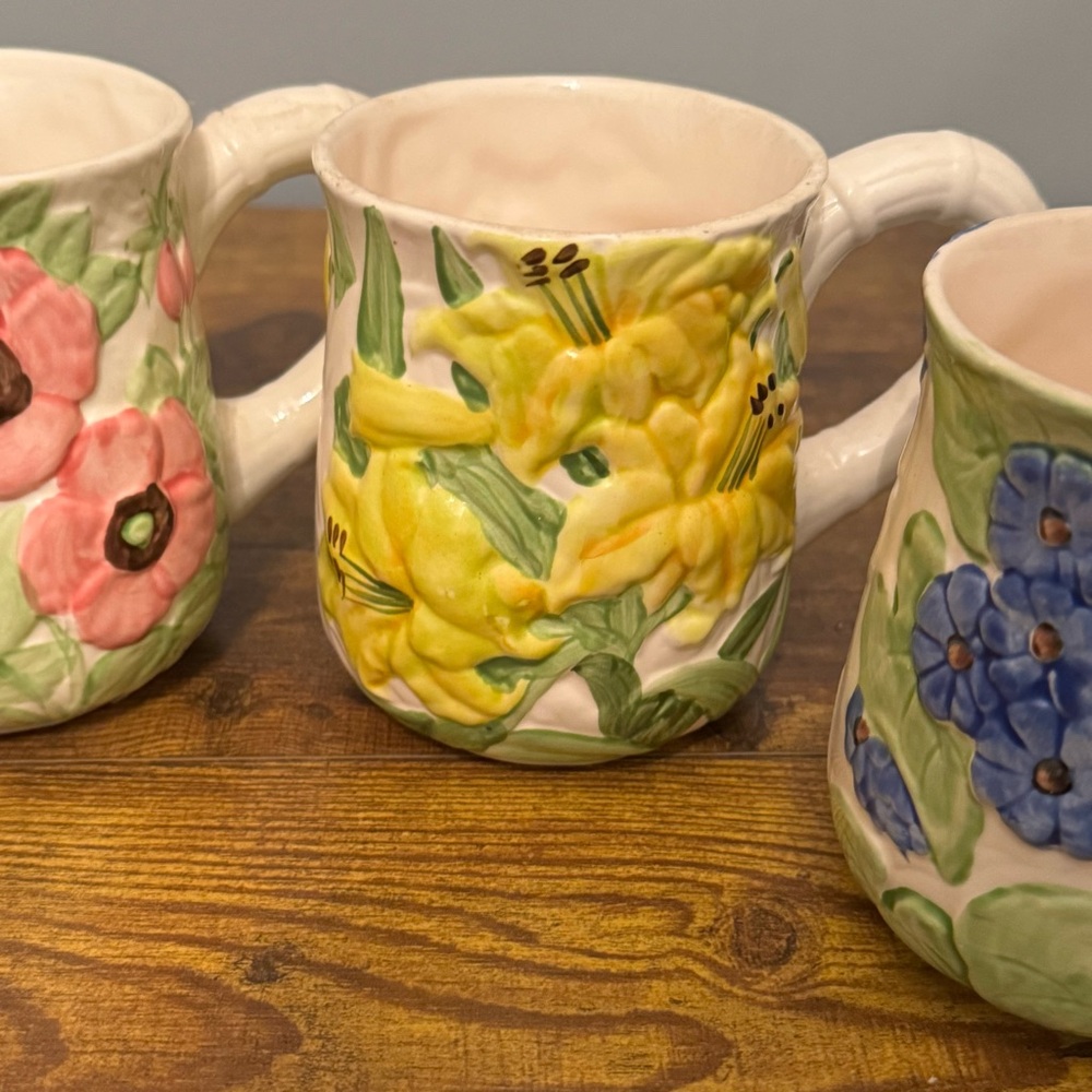 Shafford Fleurs du Jour Floral Relief Mugs Set of‎ 4 Handpainted 1988 Vintage - Picture 3 of 11